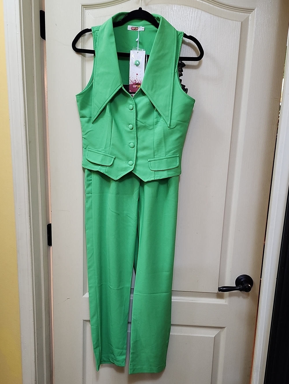 Lime Green Two-piece Vest and Pants Suit Set by "Oops"